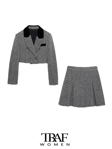 TRAF Women  Patchwork Twill Cropped Blazer Coat And High Waist Back Zipper Female Skirts Female Two Piece Sets Mujer