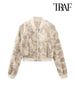 TRAF Women  Printed Crop Bomber Jacket Coat And High Elastic Waist Drawstring Mini Skirt Female Two Piece Sets Mujer