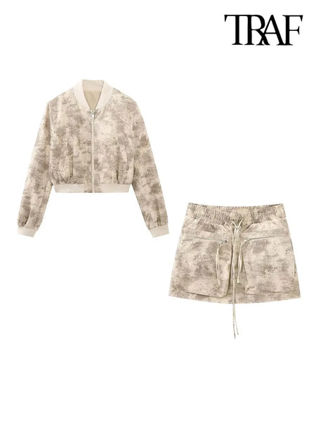 TRAF Women  Printed Crop Bomber Jacket Coat And High Elastic Waist Drawstring Mini Skirt Female Two Piece Sets Mujer