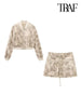 TRAF Women  Printed Crop Bomber Jacket Coat And High Elastic Waist Drawstring Mini Skirt Female Two Piece Sets Mujer