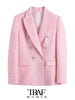 TRAF Women  Tweed Double Breasted Blazer Coat Vintage Long Sleeve Flap Pockets Female Outerwear Chic Veste Femme