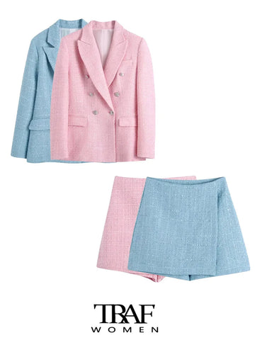 TRAF Women  Tweed Double Breasted Blazer Coat Vintage Long Sleeve Flap Pockets Female Outerwear Chic Veste Femme