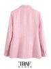 TRAF Women  Tweed Double Breasted Blazer Coat Vintage Long Sleeve Flap Pockets Female Outerwear Chic Veste Femme