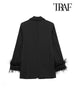 TRAF Women  With Feathers Front Button Blazer Coat Vintage Long Sleeve Flap Pockets Female Outerwear Chic Vestes