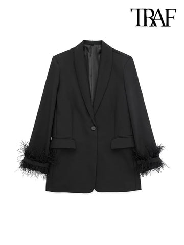 TRAF Women  With Feathers Front Button Blazer Coat Vintage Long Sleeve Flap Pockets Female Outerwear Chic Vestes