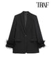 TRAF Women  With Feathers Front Button Blazer Coat Vintage Long Sleeve Flap Pockets Female Outerwear Chic Vestes