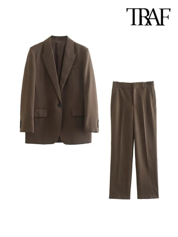 TRAF Women  With Pockets Oversized Blazer Coat And Mid Waist Zipper Fly Pants Female Two Piece Sets Mujer