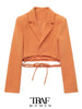 TRAF Women  With Tied Cropped Blazer Coat Vintage Long Sleeve Female Outerwear Chic Veste Femme