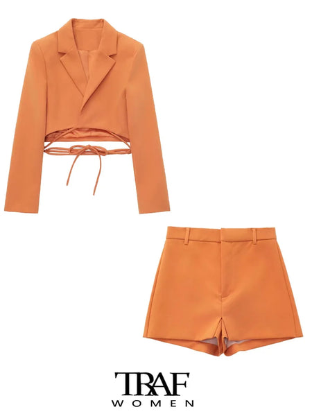 TRAF Women  With Tied Cropped Blazer Coat Vintage Long Sleeve Female Outerwear Chic Veste Femme