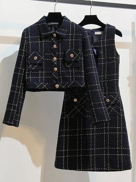 Tweed Long Sleeve Single Breasted Jacket Coat Elegant  Casual Sleeveless Slim Dresses Vintage Sweet Street  New