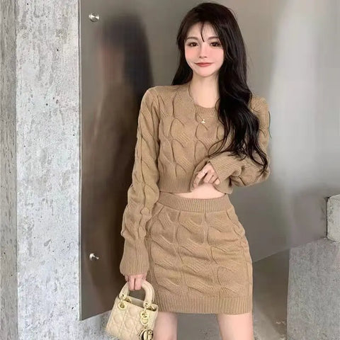 Two Piece OF Pullover Autumn/Winter Knitted Sweater Set Pure Desire Short Sweater Sexy Spicy Girl Arm Wrap Skirt Sweater Female