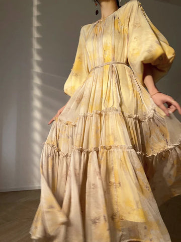Vintage Midi Dresses for Women 2023 New Summer French Elegant Party Prints Large Hemline Loose Long Sleeve Sweet Female Dress