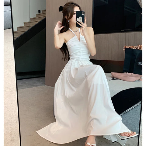 Vintage White Long Dresses for Women 2023 Summer Elegant Chic Solid Sleeveless Casual Female Korean Slim Sexy Backless Sundress