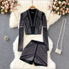 WIGADFHK Autumn  Suit   Women's Short Cardigan Top Two-piece Hot Rhinestone High Waist Shorts