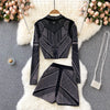 WIGADFHK Autumn  Suit   Women's Short Cardigan Top Two-piece Hot Rhinestone High Waist Shorts