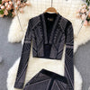 WIGADFHK Autumn  Suit   Women's Short Cardigan Top Two-piece Hot Rhinestone High Waist Shorts