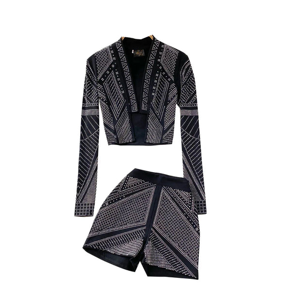WIGADFHK Autumn  Suit   Women's Short Cardigan Top Two-piece Hot Rhinestone High Waist Shorts
