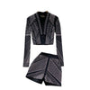 WIGADFHK Autumn  Suit   Women's Short Cardigan Top Two-piece Hot Rhinestone High Waist Shorts