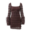 WhereMery Texture Long Sleeve Dress Aesthetic Low-cut Lace Up Solid Mini Dresses Women Retro Slim Fitting Backless Vestidos
