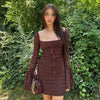 WhereMery Texture Long Sleeve Dress Aesthetic Low-cut Lace Up Solid Mini Dresses Women Retro Slim Fitting Backless Vestidos