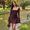 WhereMery Texture Long Sleeve Dress Aesthetic Low-cut Lace Up Solid Mini Dresses Women Retro Slim Fitting Backless Vestidos