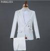 White Embroidered Diamond Suit Men Wedding Groom Tuxedo Suits Mens Stand Collar Prom Stage Costume Mens Suits with Pants Ternos