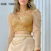 Women Chic Long Sleeves Short Tops Sequins Patchwork Mesh Chain Decoration Bodycon Mini Sexy Skirt short Sets
