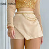 Women Chic Long Sleeves Short Tops Sequins Patchwork Mesh Chain Decoration Bodycon Mini Sexy Skirt short Sets