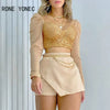 Women Chic Long Sleeves Short Tops Sequins Patchwork Mesh Chain Decoration Bodycon Mini Sexy Skirt short Sets
