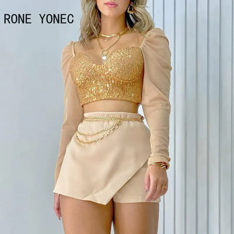 Women Chic Long Sleeves Short Tops Sequins Patchwork Mesh Chain Decoration Bodycon Mini Sexy Skirt short Sets