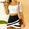 Women's Plain Short Sleeve Crop Top High Waisted Colorblock Skirt Set Summer