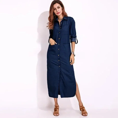 Women's Denim Dress Casual Long Sleeved Lapel Button Cardigan Dress Solid Color Pocket Denim Dress