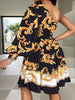 Women's Off The Shoulder Waist Printed Dress with Oblique Shoulder Single Long Sleeve Elegant A-line Dress