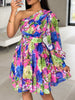 Women's Off The Shoulder Waist Printed Dress with Oblique Shoulder Single Long Sleeve Elegant A-line Dress