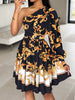 Women's Off The Shoulder Waist Printed Dress with Oblique Shoulder Single Long Sleeve Elegant A-line Dress