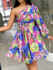 Women's Off The Shoulder Waist Printed Dress with Oblique Shoulder Single Long Sleeve Elegant A-line Dress