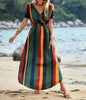 Women's Fashionable Short Sleeved Vertical Stripe Printed Casual Elegant Loose and Comfortable Fitting Dress