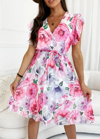 Women's Summe Casual Comfortable Sleeves Wrapped Waist Leisure Vacation Fragmented Flower Pleated Mid Rise Dress