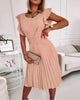 Women's Summer Knee Length Dress Solid Color Round Neck Waist Fold Dress with Ruffle Edge Belt Dress