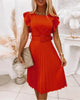 Women's Summer Knee Length Dress Solid Color Round Neck Waist Fold Dress with Ruffle Edge Belt Dress