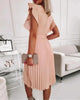 Women's Summer Knee Length Dress Solid Color Round Neck Waist Fold Dress with Ruffle Edge Belt Dress