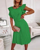 Women's Summer Knee Length Dress Solid Color Round Neck Waist Fold Dress with Ruffle Edge Belt Dress