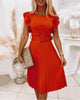 Women's Summer Knee Length Dress Solid Color Round Neck Waist Fold Dress with Ruffle Edge Belt Dress