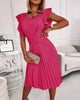 Women's Summer Knee Length Dress Solid Color Round Neck Waist Fold Dress with Ruffle Edge Belt Dress