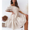 Women's Summer Solid Color One Line Collar Knee Length Skirt with Lantern Sleeves Gentle A-line Solid Color Dress