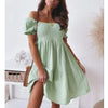 Women's Summer Solid Color One Line Collar Knee Length Skirt with Lantern Sleeves Gentle A-line Solid Color Dress