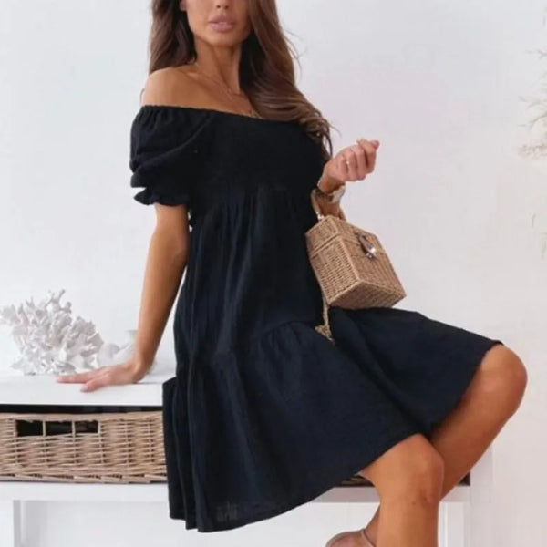 Women's Summer Solid Color One Line Collar Knee Length Skirt with Lantern Sleeves Gentle A-line Solid Color Dress