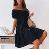 Women's Summer Solid Color One Line Collar Knee Length Skirt with Lantern Sleeves Gentle A-line Solid Color Dress