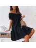 Women's Summer Solid Color One Line Collar Knee Length Skirt with Lantern Sleeves Gentle A-line Solid Color Dress