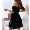 Women's Summer Solid Color One Line Collar Knee Length Skirt with Lantern Sleeves Gentle A-line Solid Color Dress